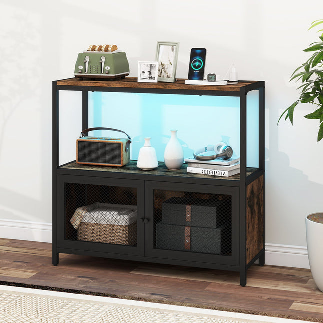 Industrial Coffee Bar Cabinet with LED Lights and Charging Station-Rustic Brown