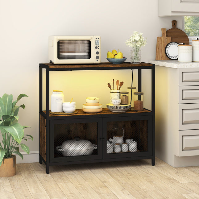 Industrial Coffee Bar Cabinet with LED Lights and Charging Station-Rustic Brown