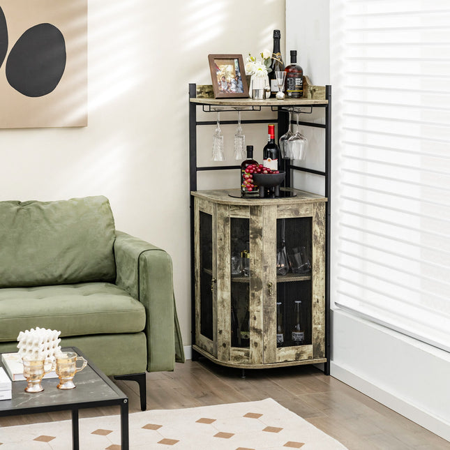 Corner Bar Cabinet with Glass Holder and Adjustable Shelf