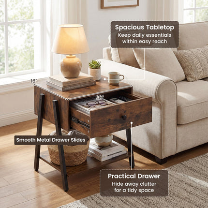 Industrial Nightstand with Drawer and Adjustable Feet