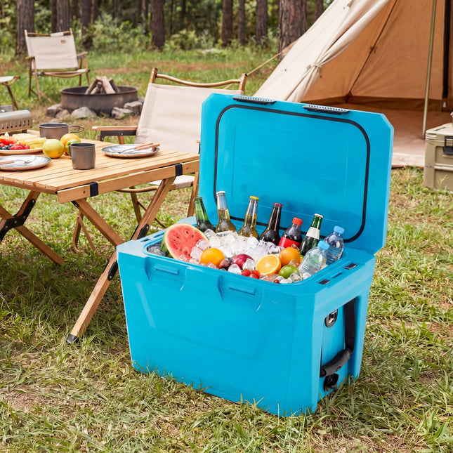 Insulated Portable Cooler Hard Shell Ice Chest with 2 Cup Holders Bottle Opener and Drain Plug