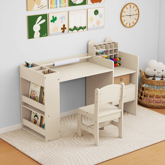 Kids Art Table and Chair Set with Detachable Paper Roll Holder and Cabinet