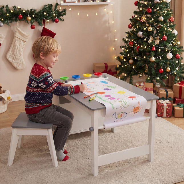 Kids Art Table and Stool Set Toddler Activity Desk with Paper Roll and 4 Paint Cups for Drawing Learning-Gray