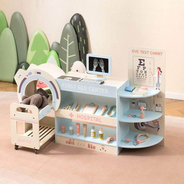 Kids Doctor Play Set Wooden Pretend Hospital Office Kit with Eye Chart Toy CT Machine