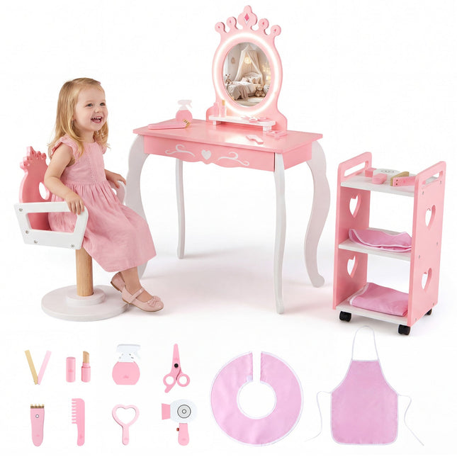 Kids Hair Salon Play Set with LED Lighted Mirror Wooden Pretend Hair Salon Station with Swivel Barber Chair