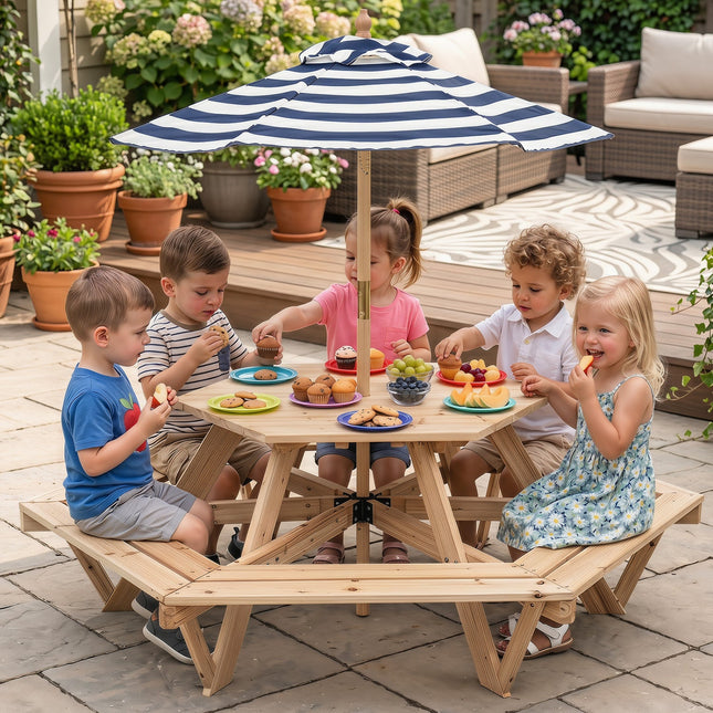 Kids Hexagonal Picnic Table with Umbrella and 6 Benches
