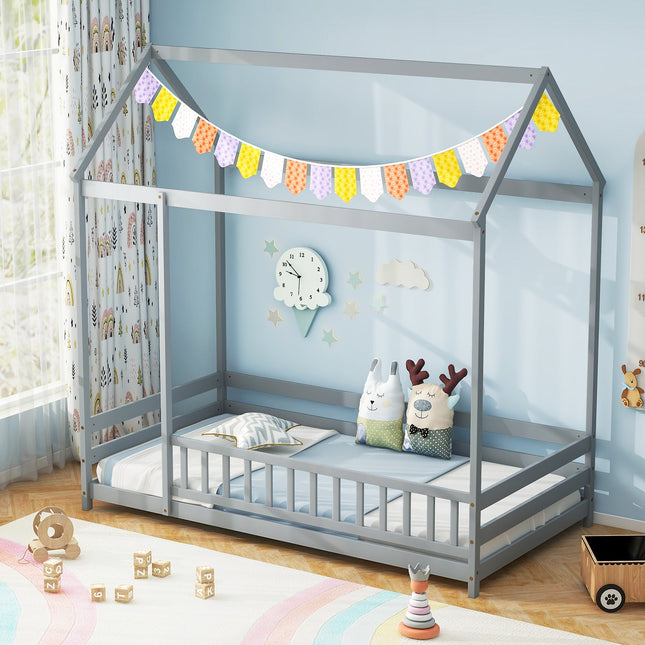 Twin Size Kids House Bed Wooden Floor Bed with Roof and Full-length Safety Guardrail