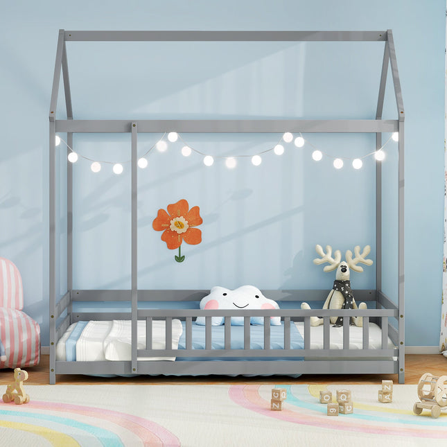 Twin Size Kids House Bed Wooden Floor Bed with Roof and Full-length Safety Guardrail