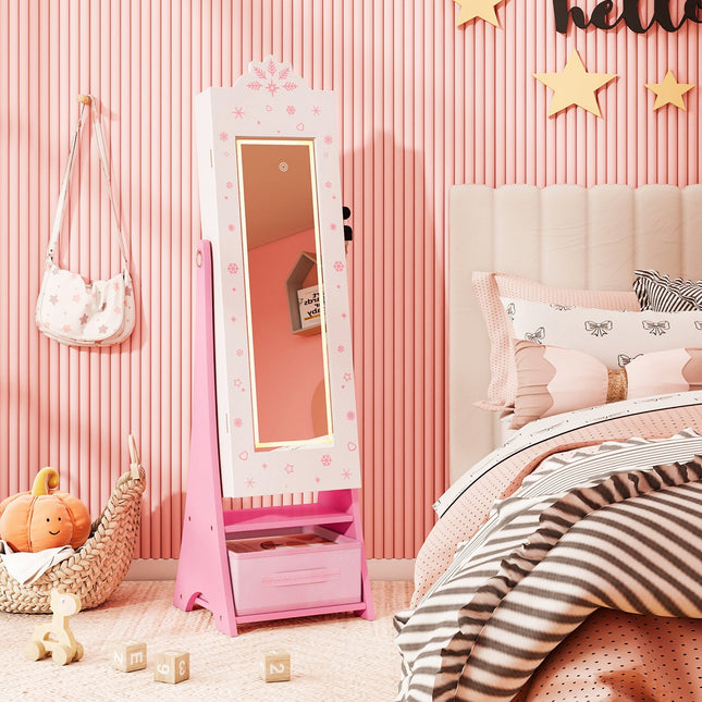 Kids Jewelry Armoire Freestanding Jewelry Cabinet with 3-Color Lighted Full Length Mirror