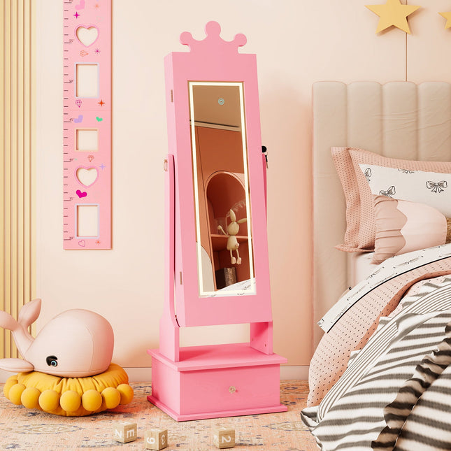 Kids Jewelry Armoire with 3-Color Lighted Full Length Mirror and Inside Led Lights