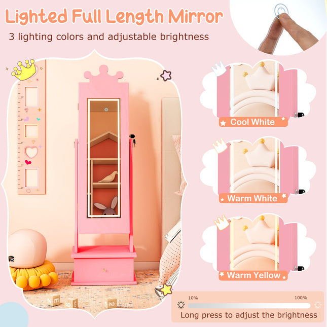 Kids Jewelry Armoire with 3-Color Lighted Full Length Mirror and Inside Led Lights
