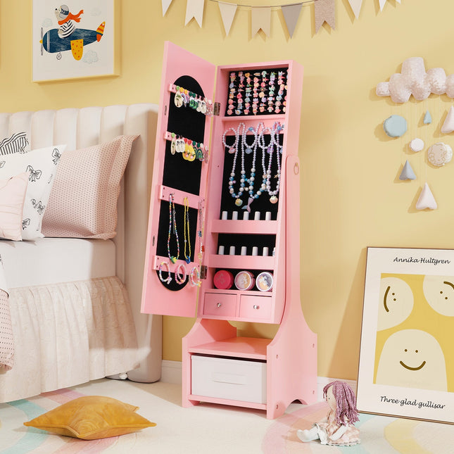 Freestanding Kids Jewelry Armoire Cabinet with Storage and 2 Tilt Angles