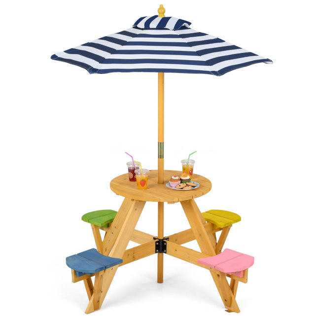 Kids Picnic Table with Stools and Foldable Adjustable Umbrella for Backyard and Patio