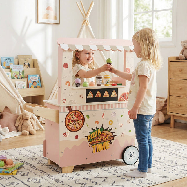 Kids Pizza Food Truck Wooden Pretend Play Snack Cart with Oven-Pink