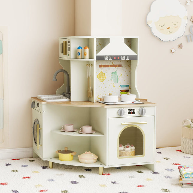 Kids Play Kitchen Wooden Corner Kitchen Playset with Working Faucet and Sink-Beige