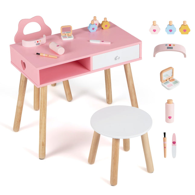 Kids Pretend Nail Salon Playset with Chair and Stool Wooden Toddlers Makeup and Manicure Kit with Eye Shadow