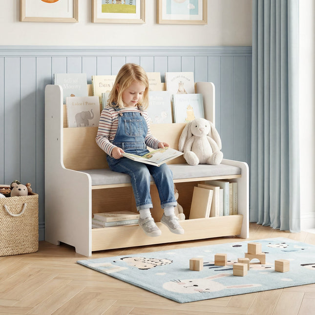 Kids Reading Nook with Bench Bookshelf and 2 Cubbies