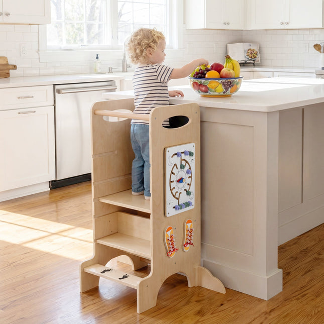 Kids Standing Tower with Detachable Chalkboard and Montessori Games for 3+ Years Old