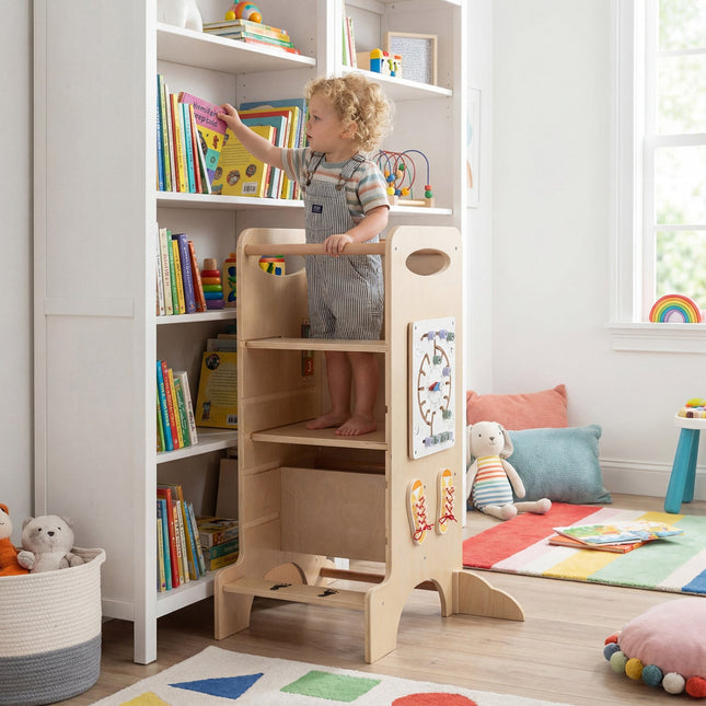Kids Standing Tower with Detachable Chalkboard and Montessori Games for 3+ Years Old