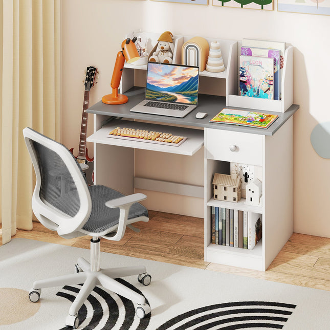Kids Study Desk with Hutch, Drawer & Shelves