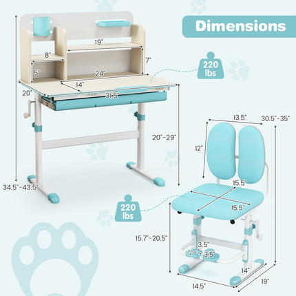 Height Adjustable Children School Home Study Table and Chair Set with Tilted Desktop for 3-12 Years Old