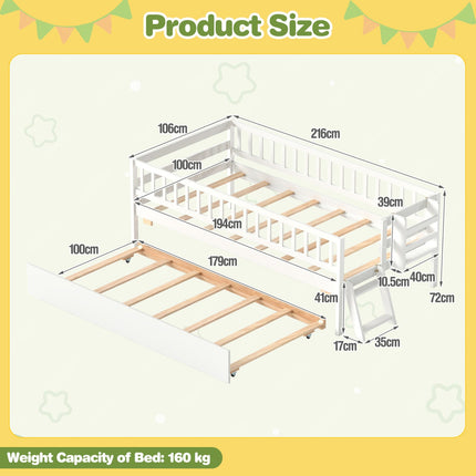 Twin Bed with Trundle, Bookshelf & Ladder for Kids