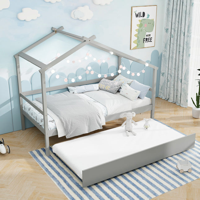 Kids Twin Size House Bed with Trundle and Roof