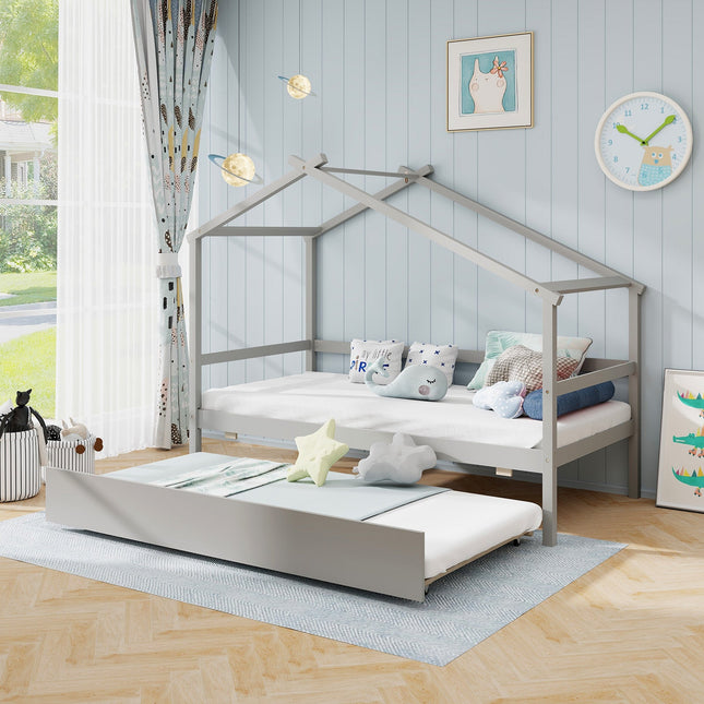 Kids Twin Size House Bed with Trundle and Roof