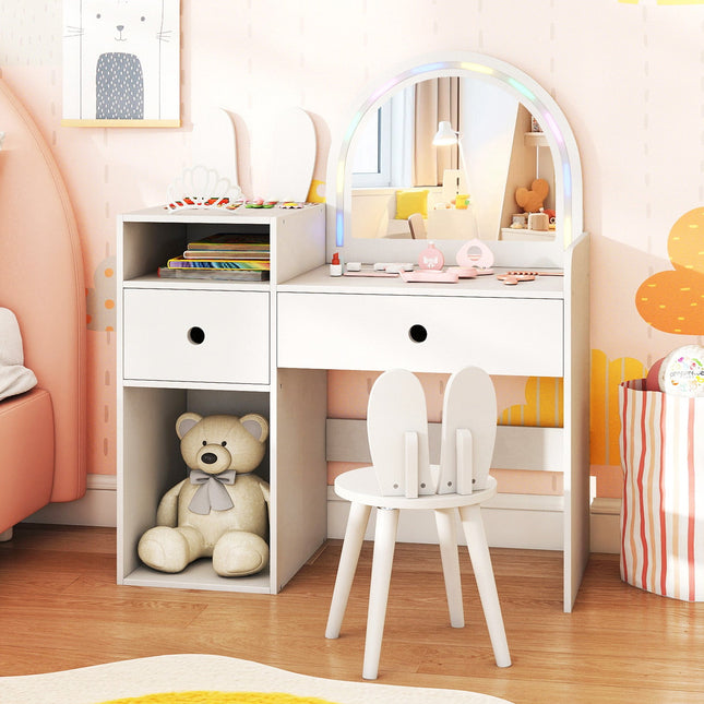 Kids Vanity Desk and Chair Set with Lights Open Shelves