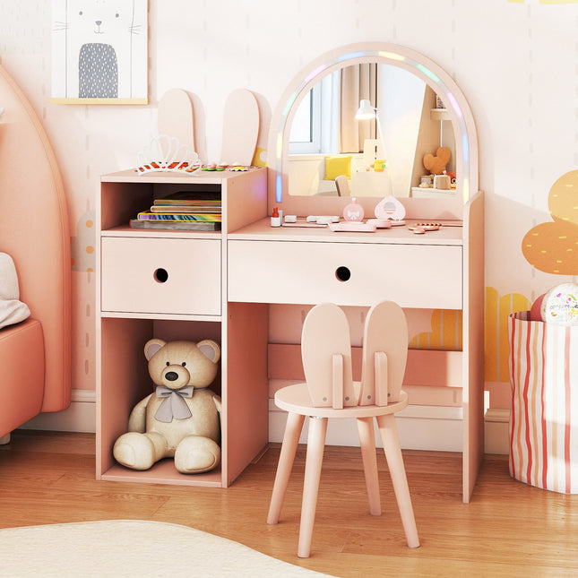 Kids Vanity Desk and Chair Set with Lights Open Shelves