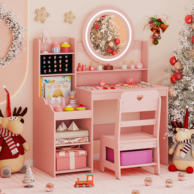 Kids Vanity Desk with Mirror and Lights Princess Pretend Play Dressing Table and Chair Set