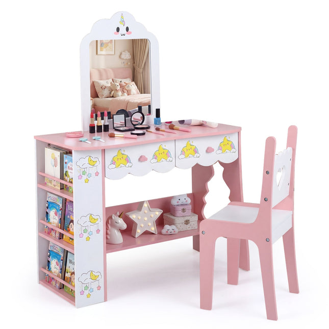 Kids Vanity Set Princess Girls Makeup Table with Mirror and Chair