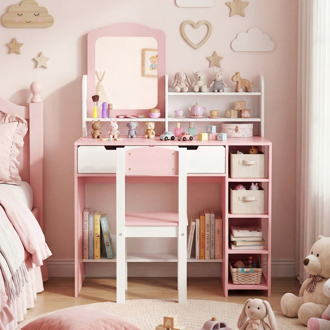 Kids Vanity Set with Chair and Mirror Makeup Dressing Desk with Storage Shelves and Drawers