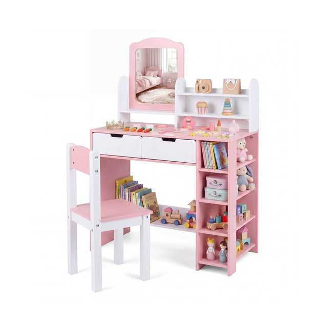 Kids Vanity Set with Chair and Mirror Makeup Dressing Desk with Storage Shelves and Drawers