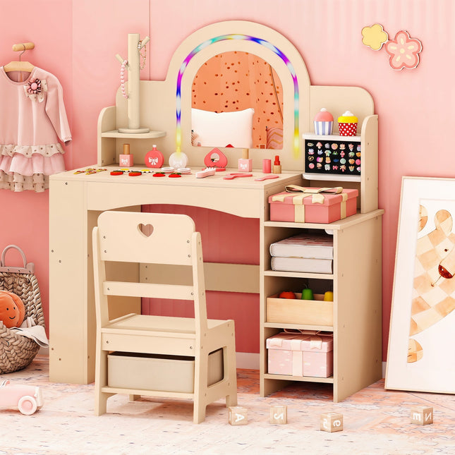 Kids Vanity Set with LED Mirror and Chair - Natural