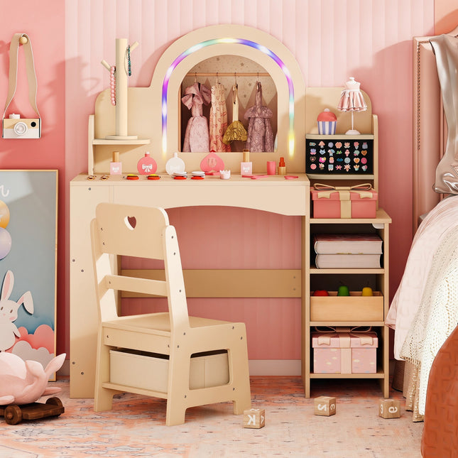 Kids Vanity Set with LED Mirror and Chair - Natural