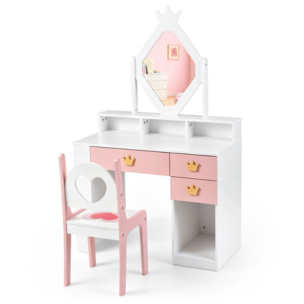 Kids Vanity Set with Crown Mirror and Chair