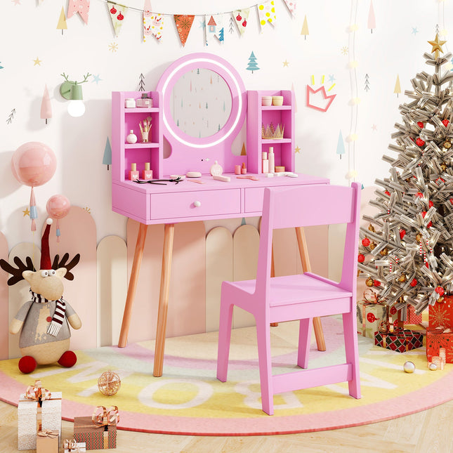 Kids Vanity Set with Lighted Mirror and Storage Drawers