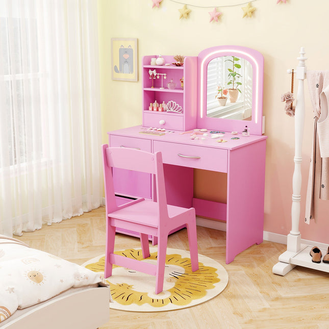 Kids Vanity Set with Lighted Mirror Makeup Desk and Chair Set with Drawers