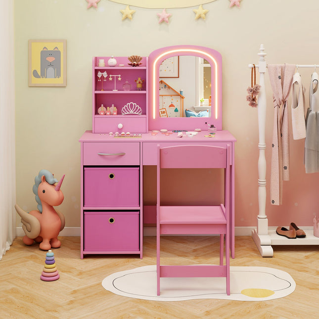 Kids Vanity Set with Lighted Mirror Makeup Desk and Chair Set with Drawers