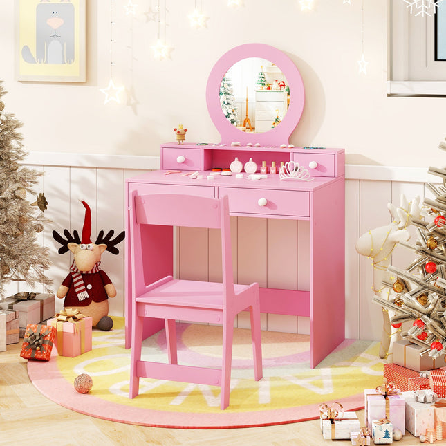 Kids Vanity Set with Mirror Princess Makeup Dressing Desk and Chair Set with Mirror