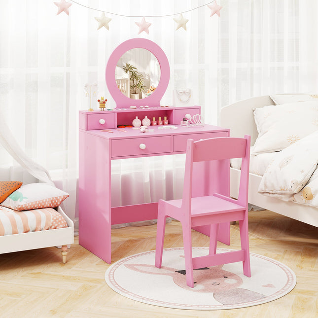 Kids Vanity Set with Mirror Princess Makeup Dressing Desk and Chair Set with Mirror