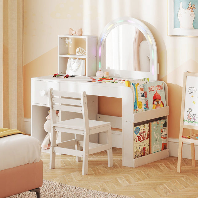Kids Vanity Table and Chair Set with Lighted Mirror for Kids Aged 3+ Years Old
