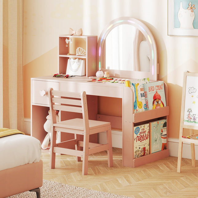 Kids Vanity Table and Chair Set with Lighted Mirror for Kids Aged 3+ Years Old