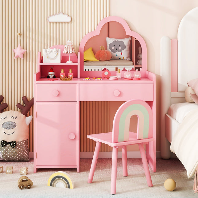 Kids Vanity Table and Chair Set with Cloud-shaped Mirror and Open Shelf