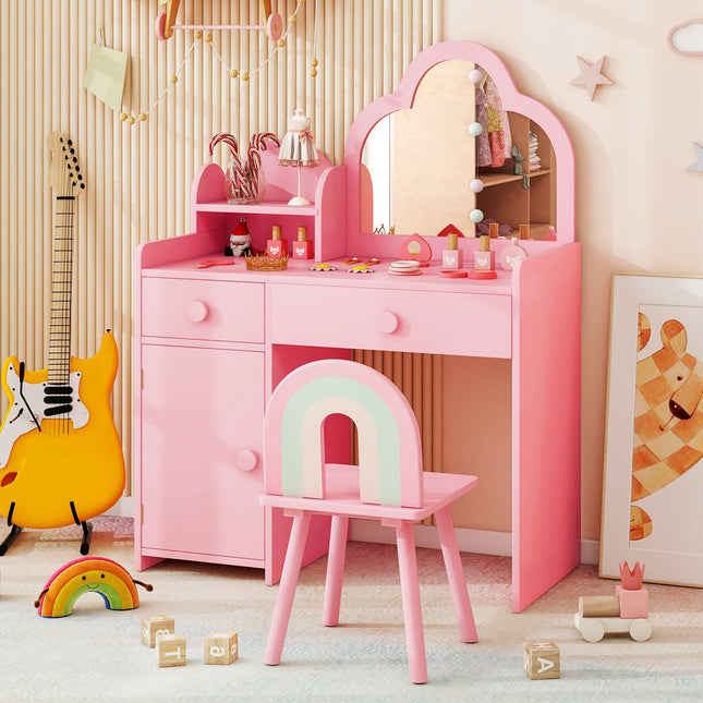 Kids Vanity Table and Chair Set with Cloud-shaped Mirror and Open Shelf