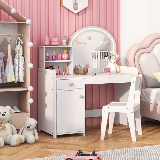 Kids Vanity Table and Chair Set with Shelves Drawer and Cabinet-White