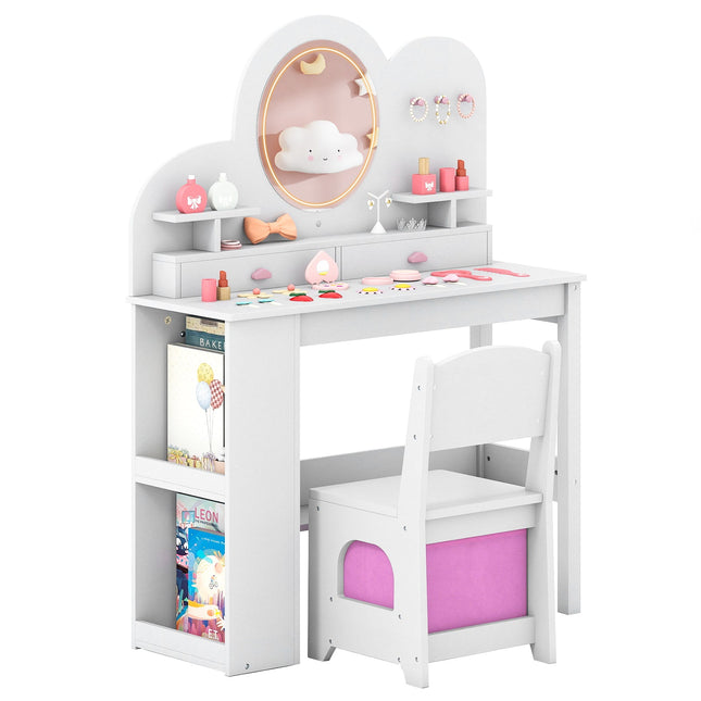 Kids Vanity with Lights Princess Vanity Table and Chair Set with 2 Drawers and 2-Tier Bookshelf