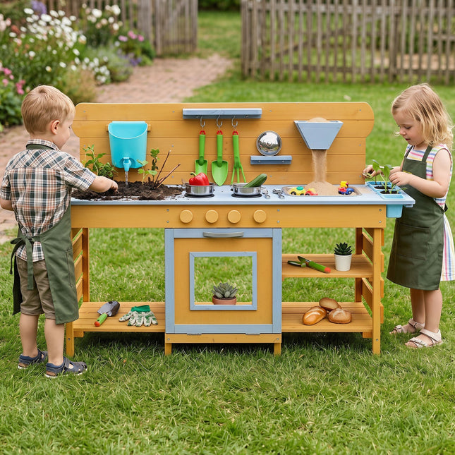 Wooden Mud Kitchen with 2 Sinks and 4 Stoves