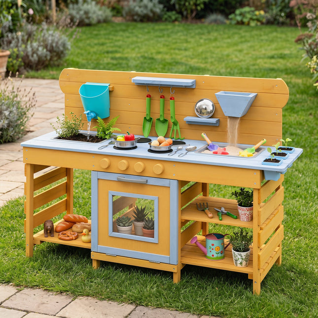 Wooden Mud Kitchen with 2 Sinks and 4 Stoves
